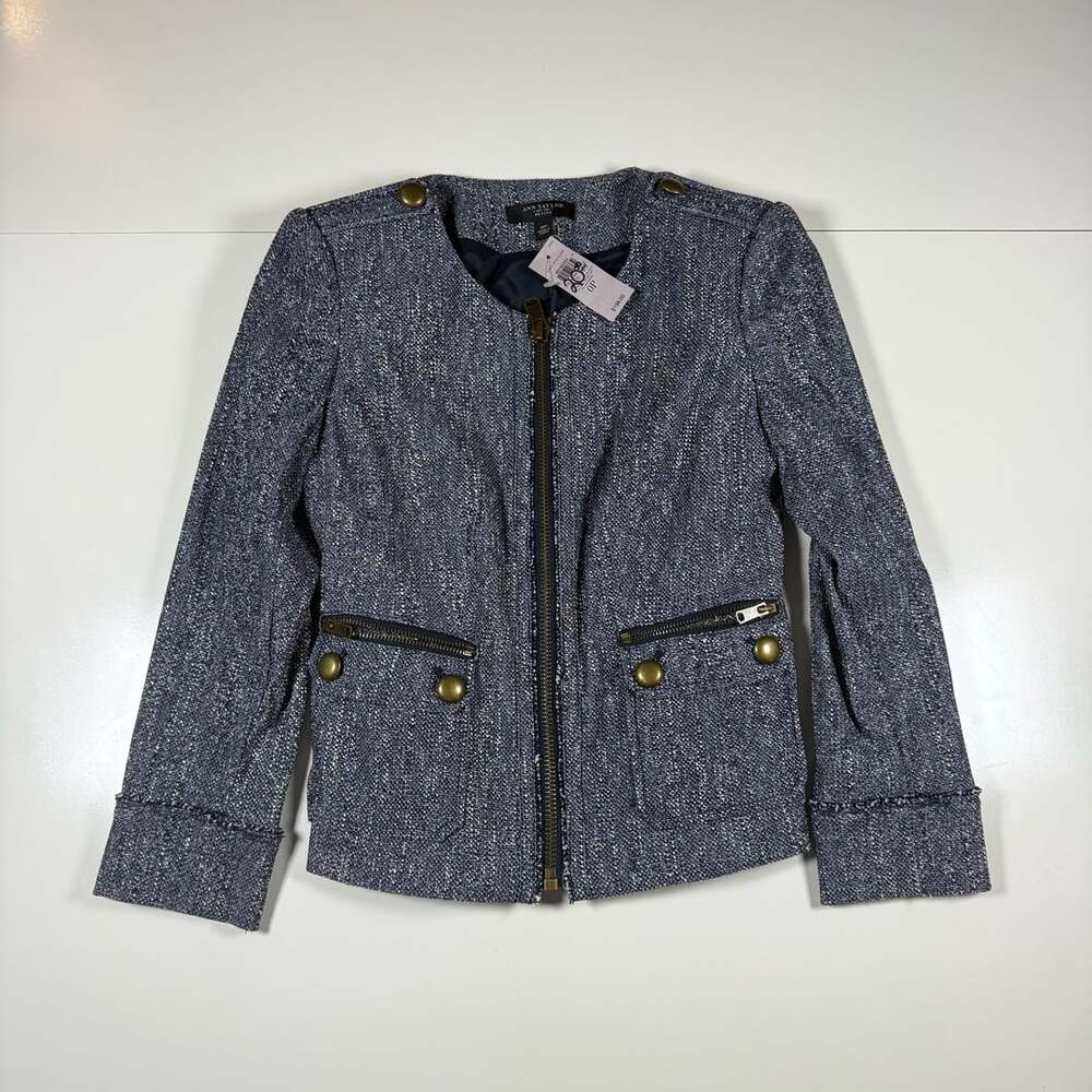 MAnn Taylor Petite Navy Blue White Tweed Zip Up Jacket Blazer Size 0P